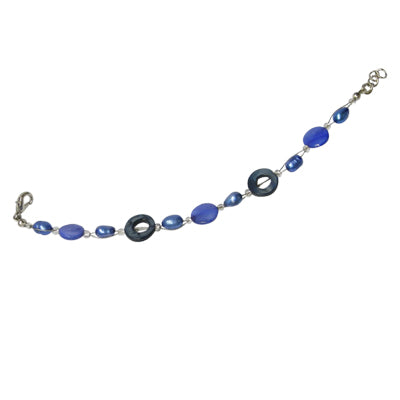 Perlmutt Armband blaugrau Perlen Ringe Scheiben Damen Karabinerverschluss nickelfrei 18cm-20cm
