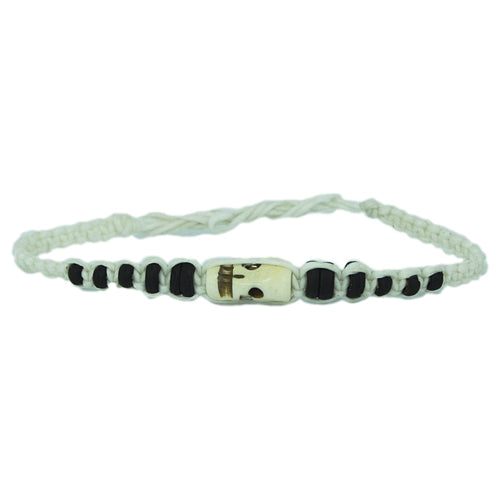 Holzperlen schwarz Armband weiß Totenkopf Boneperle Wachsfaden handgefädelt unisex