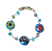 Cargar imagen en el visor de la galería, Muranoglas Glasperlen Armband hell blau bunt Blumen Glitzer nickelfrei 18-20 cm
