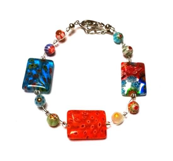Muranoglas Glasperlen Perlen Armband Damen 18-20 cm blau orange bunt Blumen nickelfrei
