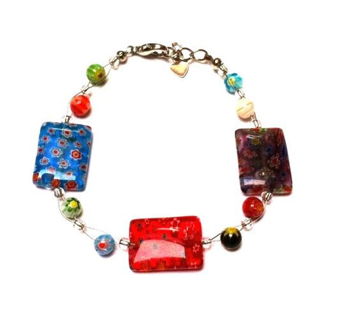 Muranoglas Glasperlen Glas Perlen Armband Damen Schmuck Edelstahl 18-20 cm bunt Blumen eckig