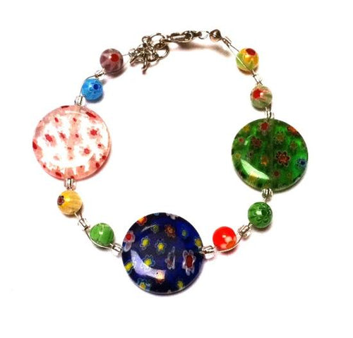 Muranoglas Glasperlen Glas Perlen Armband Damen Schmuck Edelstahl 18-20 cm Blumen bunt rund flach