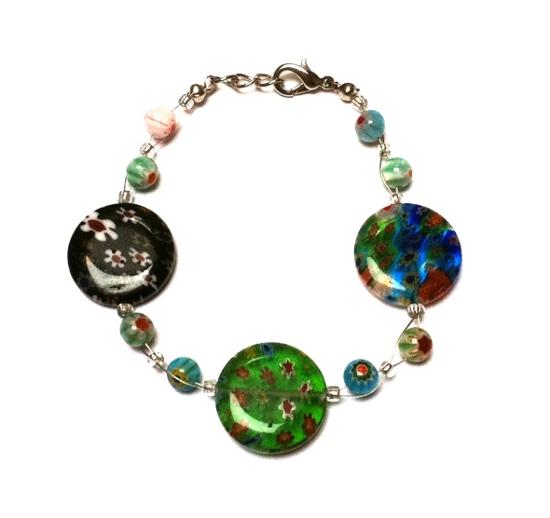 Muranoglas Glasperlen Glas Perlen Armband Damen Schmuck Edelstahl 18-20 cm Blumen schwarz grün bunt