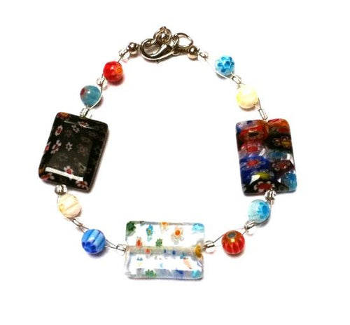 Muranoglas Glasperlen schwarz bunt eckig Armband Schmuck 18-20 cm Blumen Glas Perlen nickelfrei