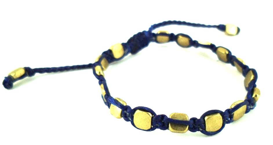 Designer Armbänder blau Brass Armband Messing Beads eckig Baumwolle gewachst Unisex