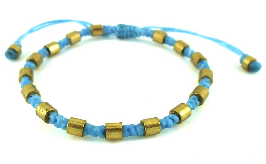 Designer Armbänder hellblau rund Messing Beads Brass Armband Baumwolle gewachst Unisex