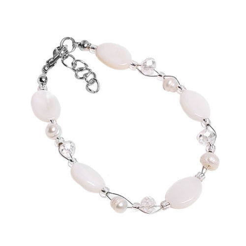 Glitzer Perlmutt Armband weiß oval Perlen Scheiben Damen Karabiner nickelfrei 18cm-20cm