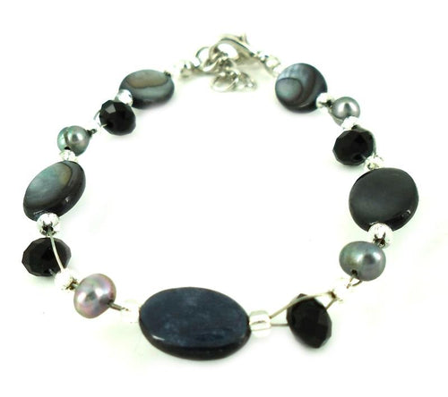 Glitzer Perlmutt Armband schwarz grau oval Perlen Scheiben Damen Karabiner nickelfrei 18cm-20cm