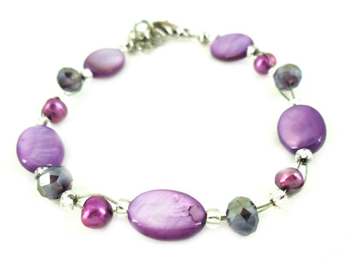 Glitzer Perlmutt Armband lila oval Perlen Scheiben Karabiner nickelfrei 18cm-20cm