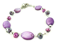 Cargar imagen en el visor de la galería, Glitzer Perlmutt Armband lila oval Perlen Scheiben Karabiner nickelfrei 18cm-20cm
