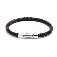 Load image into Gallery viewer, A dark brown, round-braided unisex Lederarmband from &quot;Lederarmbänder rund geflochten Farben Armband Leder Knopfverschluss unisex nickelfrei&quot; with a shiny stainless steel Knopfverschluss, shown on a plain white background.
