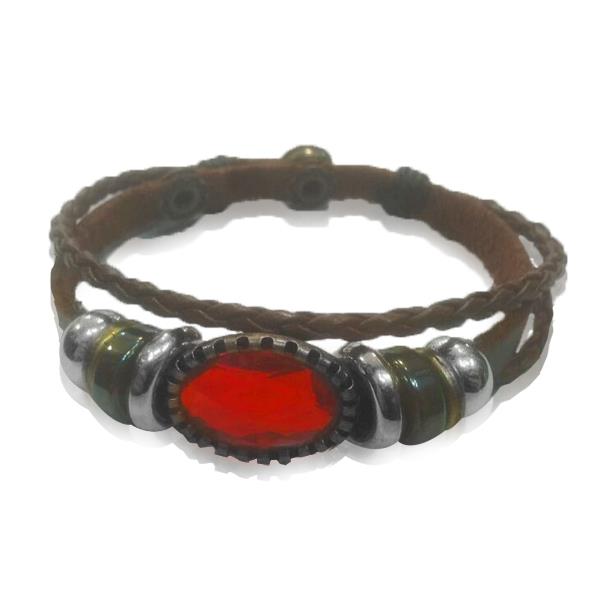 Surfer Lederarmband geflochten Kristall oval rot Band Brass verstellbar Leder Ringe nickelfrei