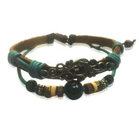 Cargar imagen en el visor de la galería, Surfer Lederarmband Keramik Perle türkis Ornament Band Holz Brass verstellbar Leder Schnur
