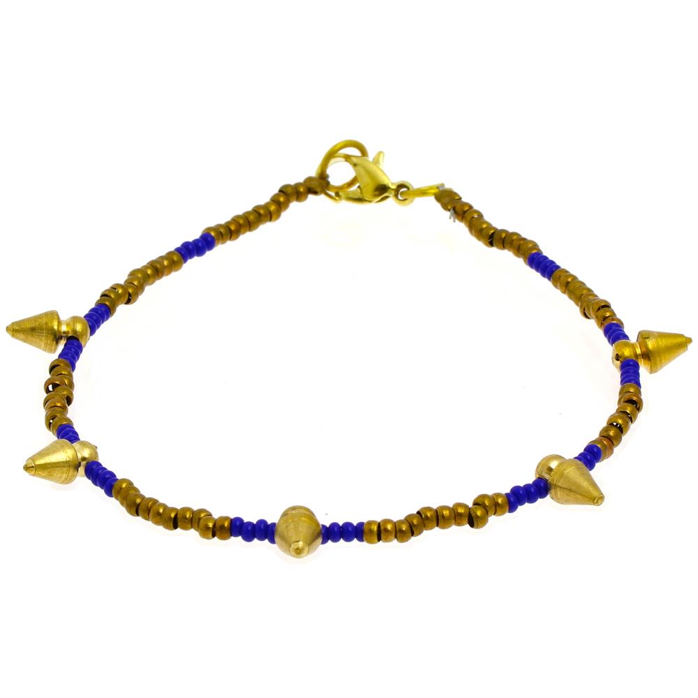 Messing Armband Kegel blau golden nickelfrei Perlen antik Tribal Brass 23,5 cm Karabiner