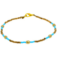 Load image into Gallery viewer, Messing Armband Zylinder gewölbt hellblau golden nickelfrei Perlen antik Tribal 23,5 cm Karabiner
