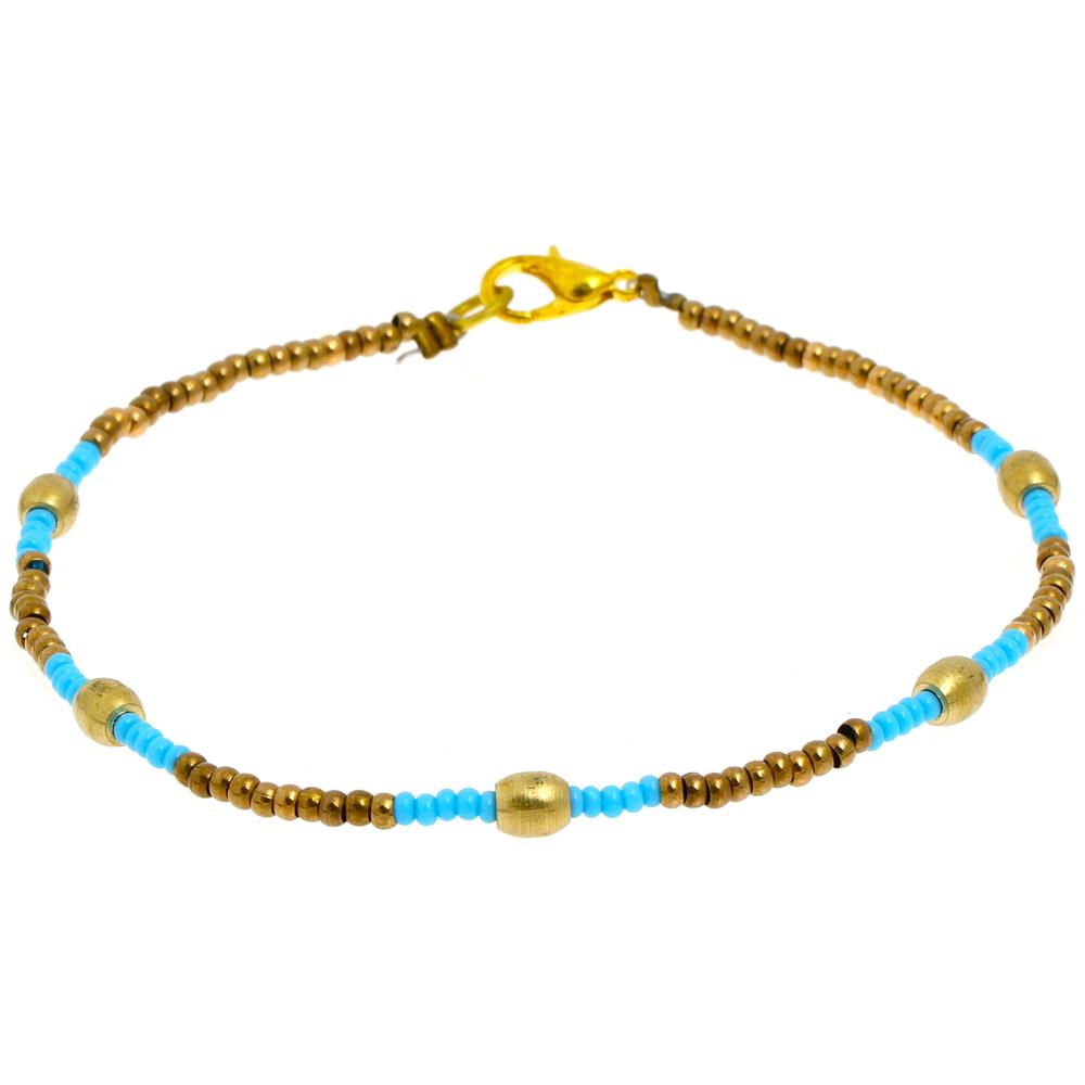 Messing Armband Zylinder gewölbt hellblau golden nickelfrei Perlen antik Tribal 23,5 cm Karabiner