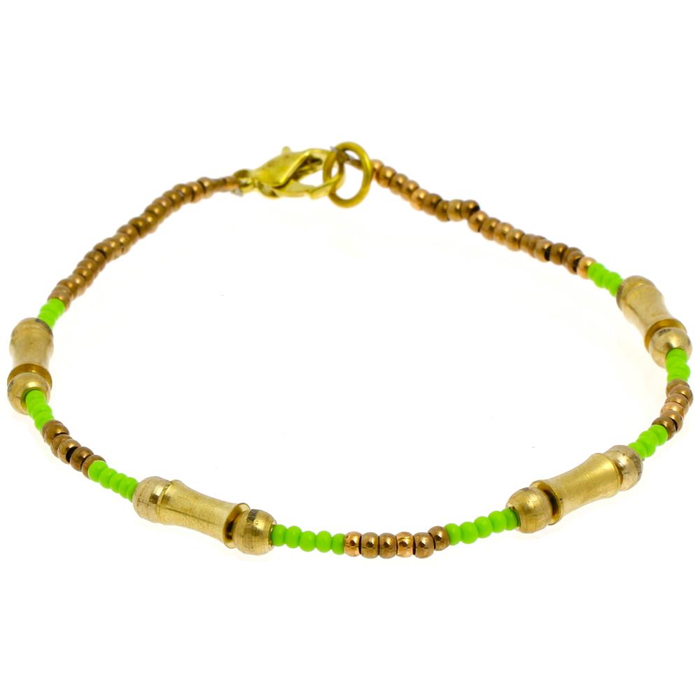 Messing Armband Zylinder konkav grün Perlen golden nickelfrei antik Tribal 22 cm Karabiner