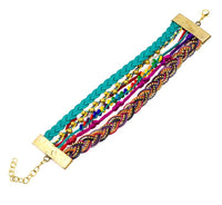 Cargar imagen en el visor de la galería, Ibiza Messing Armband mehrlagig golden dunkel türkis Perlen nickelfrei antik Tribal 17,8 cm Karabiner
