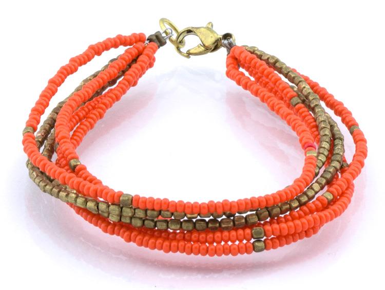 Messing Armband mehrlagig golden eckig orange Perlen antik Tribal 18,5 cm Karabiner neon