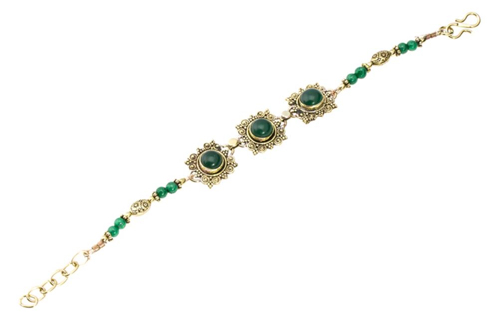 Messing Armband golden eckig rund Spiralen Punkte Jade 17-20 cm oval Perlen