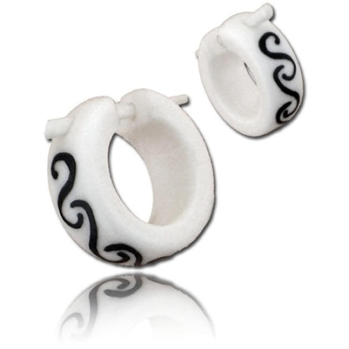 Bone Pin-Ohrringe handbemalt Spiralen Muster weiß Pin-Creolen Holz Horn Pin schwarz 14 mm