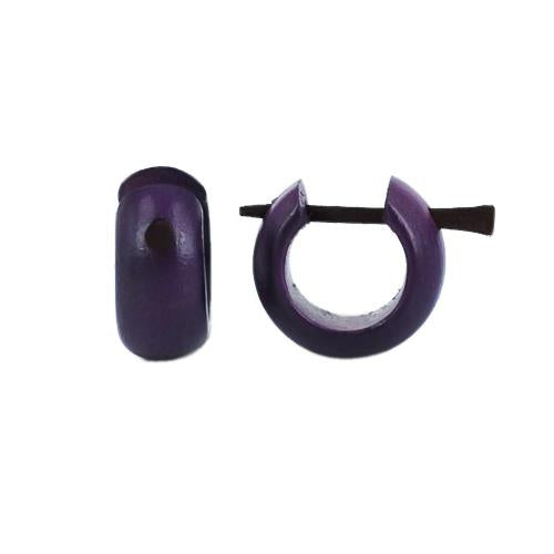 Holzcreolen, lilafarbene Holzcreolen, handgeschnitzt aus gefärbtem Holz, 7mm breit, Pin-Ohrringe