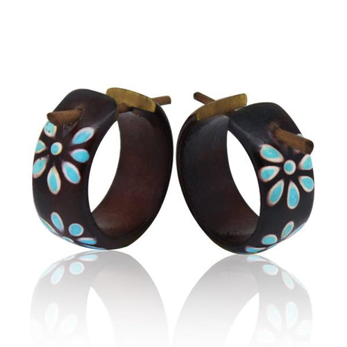 Holzcreolen Pin-Ohrringe Pin-Creolen Kokosholz Harz Damen Schmuck Dunkel Blumen Blau