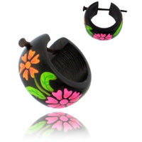 Cargar imagen en el visor de la galería, Holzcreolen Pin-Ohrringe Pin-Creolen Kokosholz Harz Damen Schmuck Blumen Pink Orange Grün
