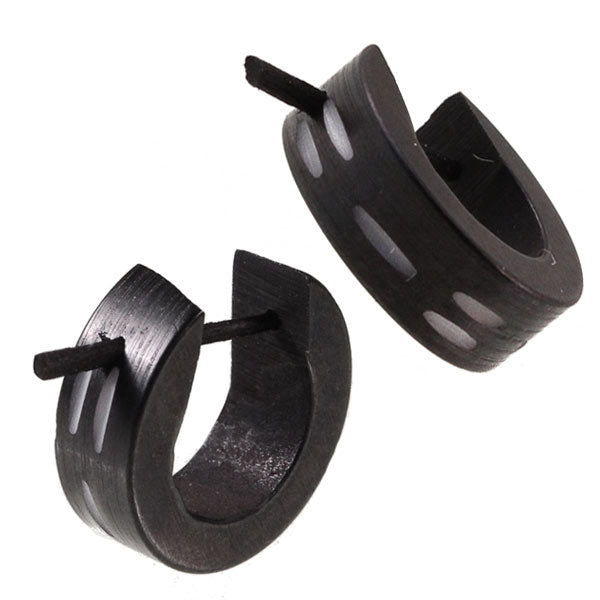 Horn Pin-Ohrringe schwarz 15 mm Striche doppelt einzeln weiß Creolen Holz Pin handgeschnitzt