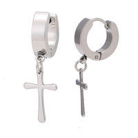 Load image into Gallery viewer, Edelstahl Creolen Ohrring schlicht silber Farben kleiner Kreuz Anhänger 10 mm
