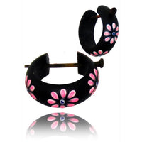 Cargar imagen en el visor de la galería, Holzcreolen Pin-Ohrringe Pin-Creolen Kokosholz Harz Damen Schmuck Dunkel Blumen Pink
