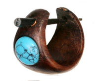 Cargar imagen en el visor de la galería, Holz Pin Creolen 14mm dunkelbraun Horn-Pin Ohrringe Türkis Inlay rund Handarbeit
