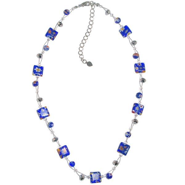 Damen Kette Halskette Muranoglas Blumen Rechteck Perlen Glasperlen blau silber 42-48 cm nickelfrei