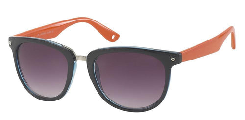 The Sonnenbrille Damen Designer Brille getönt 400UV mehrfarbig Nerdbrille Herz features black round frames, purple gradient lenses, orange arms, UV-Schutz 400, and heart-shaped hinge details for a stylish look.