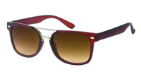 Load image into Gallery viewer, The Sonnenbrille Retro Doppelsteg Vintage 400UV Nerd getönt features brown gradient lenses, a thick dark red frame, a gold bridge, and UV 400 protection—stylishly displayed on a white background.
