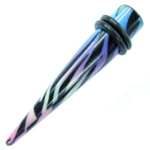 A striking Zebra Piercing Expander Dehnungsstab with rainbow blue, purple, pink, and black stripes, accented by two black rubber O-rings near the wider end—perfect unisex Ohrschmuck for tunnels or plugs.