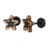 Load image into Gallery viewer, Fake Piercing Expander schwarz Stern in hellem Holzrahmen Schaubverschluss Edelstahl
