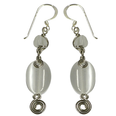 Katzenauge Ohrringe Ohrhänger oval Perle Steinsplitter weiß Bügel aus Sterling Silber 925er Spiralen
