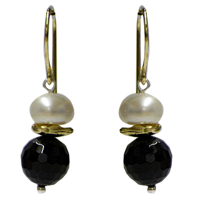 Perlen-Ohrringe, Schwarz, Weiß und Gold, aus Zirkonia, 925er Sterlingsilber-Bügel, ca.22mmØ