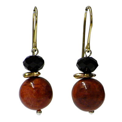 Perlen-Ohrringe, Braun, Schwarz und Gold, aus Koralle und Onyx, 925er Sterlingsilber-Bügel, ca.22mmØ