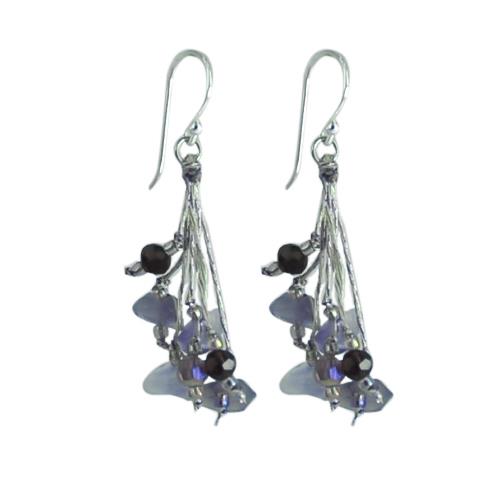 Seidenfaden-Ohrringe, Ohrringe aus Seidenfaden, mit Perlen und Amethyststeinen, Bügel aus 925er Sterlingsilber, handgefädelt