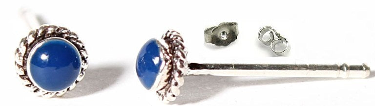 Ohrstecker Zopfmuster, dunkelblau, lapis, rund, 4 mm Ø, in echtem Silber eingefasst, 925er Sterlingsilber-Stift