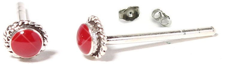 Ohrstecker Zopfmuster, rot, koralle, rund, 4 mm Ø, in echtem Silber eingefasst, 925er Sterlingsilber-Stift