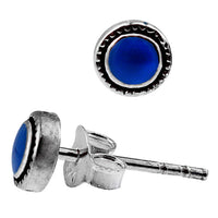 Load image into Gallery viewer, Ohrstecker blau Lapis Lazuli Stein rund 5 mm Ø 925er Sterling Silber dunkel oxidiert Rand
