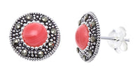Cargar imagen en el visor de la galería, Ohrstecker, rot, rund, silber Rand 8 mm Ø, silber Steine eingefasst, 925er Sterlingsilber
