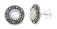 Cargar imagen en el visor de la galería, Ohrstecker, Perlmutt weiß, rund, silber Rand 8 mm Ø, silber Steine eingefasst, 925er Sterlingsilber
