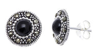 Cargar imagen en el visor de la galería, Ohrstecker, schwarz, rund, silber Rand 8 mm Ø, silber Steine eingefasst, 925er Sterlingsilber
