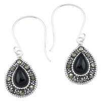 Load image into Gallery viewer, Silberohrringe Tropfen 12 mm Onyx Silberrrand Glitzer 925 Sterlingsilber Ohrringe
