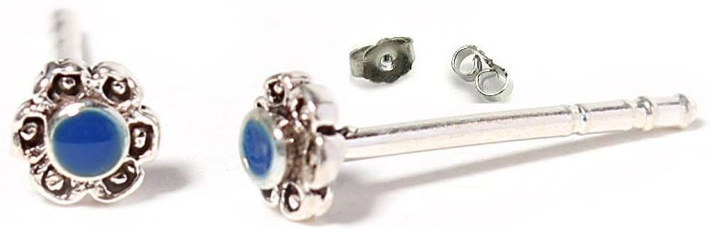 Ohrstecker, 3 mm Ø, dunkelblau, lapis, rund, in Silber mit Muster eingefasst, 925er Sterlingsilber-Stift