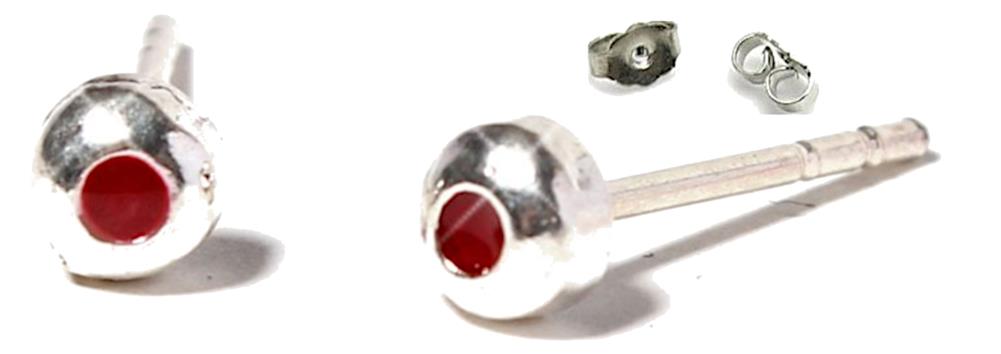 Ohrstecker, rot, breiter Silberrahmen, koralle, rund, 3 mm Ø, 925er Sterlingsilber-Stift